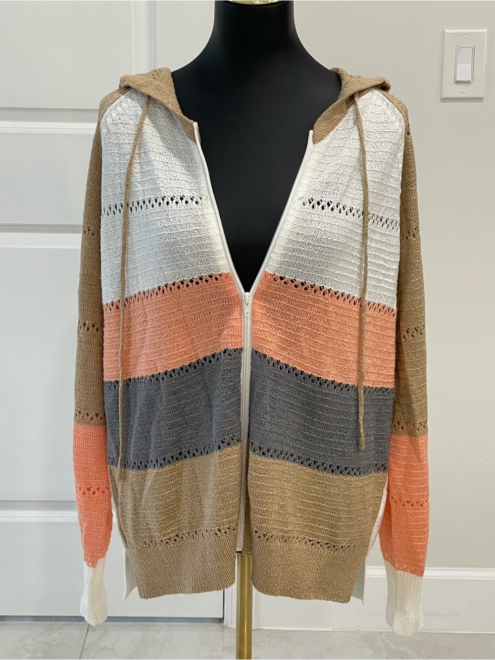 Boho Colorblock Open Knit Zip-Up Hoodie Sweater